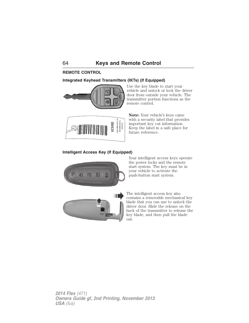 Remote control, Intelligent access key (if equipped), Keys | 64 keys and remote control | FORD 2014 Flex v.2 User Manual | Page 65 / 555