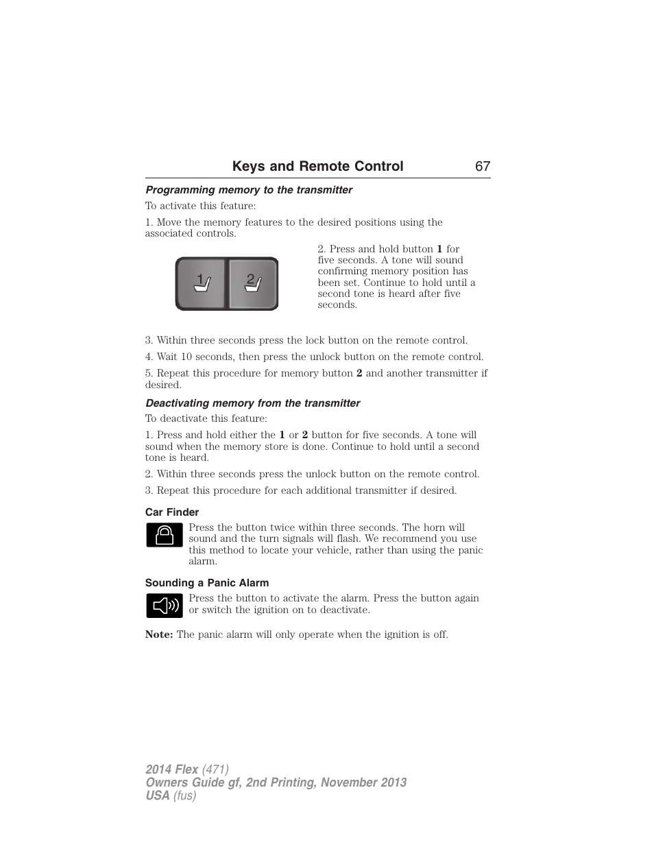 Programming memory to the transmitter, Deactivating memory from the transmitter, Car finder | Sounding a panic alarm, 21 keys and remote control 67 | FORD 2014 Flex v.2 User Manual | Page 68 / 555