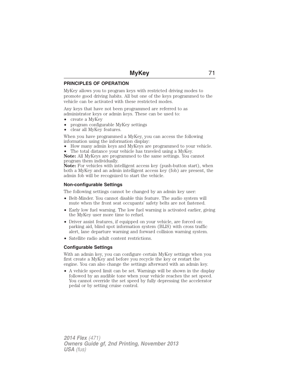 Mykey, Principles of operation, Non-configurable settings | Configurable settings, Settings, mykey, Mykey 71 | FORD 2014 Flex v.2 User Manual | Page 72 / 555