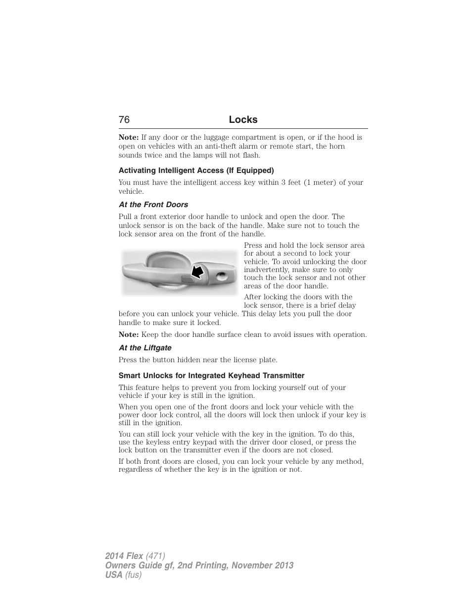 Activating intelligent access (if equipped), At the front doors, At the liftgate | Smart unlocks for integrated keyhead transmitter, 76 locks | FORD 2014 Flex v.2 User Manual | Page 77 / 555