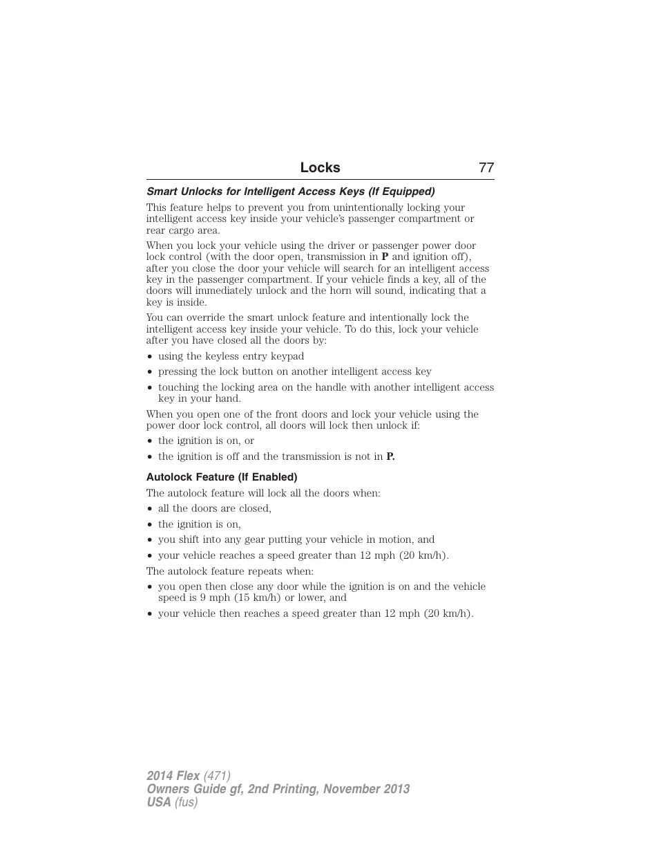 Autolock feature (if enabled), Locks 77 | FORD 2014 Flex v.2 User Manual | Page 78 / 555