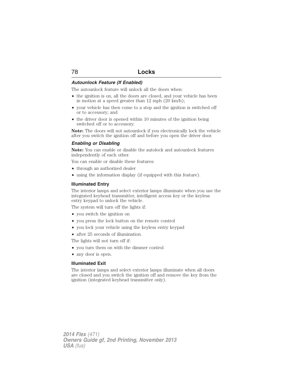 Autounlock feature (if enabled), Enabling or disabling, Illuminated entry | Illuminated exit, 78 locks | FORD 2014 Flex v.2 User Manual | Page 79 / 555