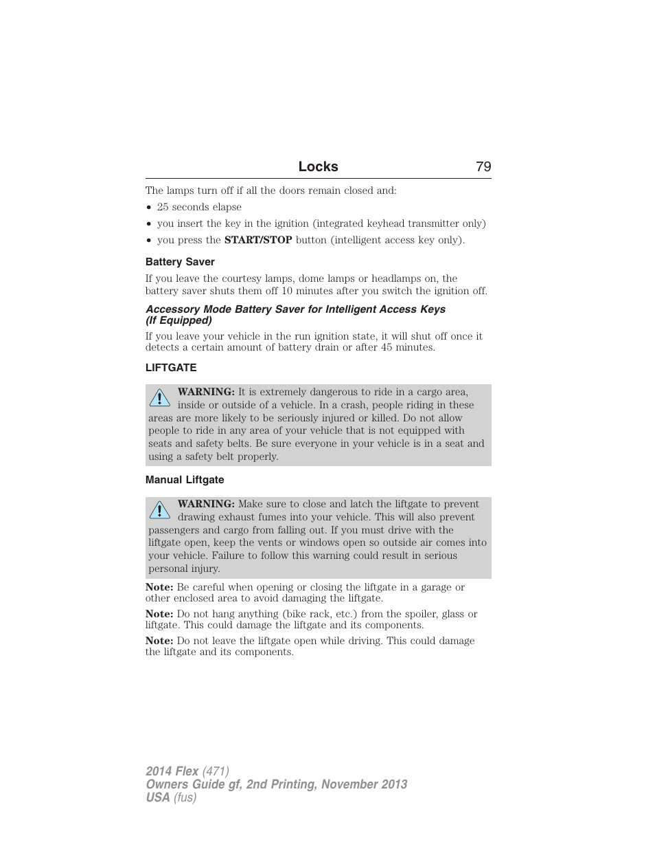 Battery saver, Liftgate, Manual liftgate | Locks 79 | FORD 2014 Flex v.2 User Manual | Page 80 / 555