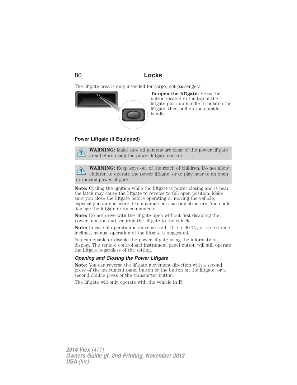 Power liftgate (if equipped), Opening and closing the power liftgate, 80 locks | FORD 2014 Flex v.2 User Manual | Page 81 / 555