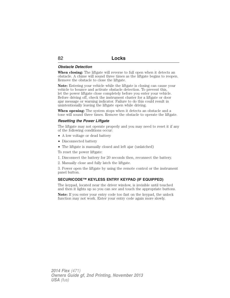 Obstacle detection, Resetting the power liftgate, Securicode™ keyless entry keypad (if equipped) | Securicode™ keyless entry keypad, 82 locks | FORD 2014 Flex v.2 User Manual | Page 83 / 555