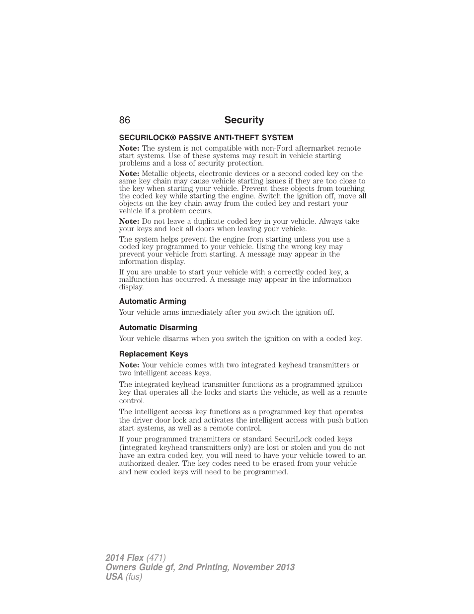 Security, Securilock® passive anti-theft system, Automatic arming | Automatic disarming, Replacement keys, 86 security | FORD 2014 Flex v.2 User Manual | Page 87 / 555