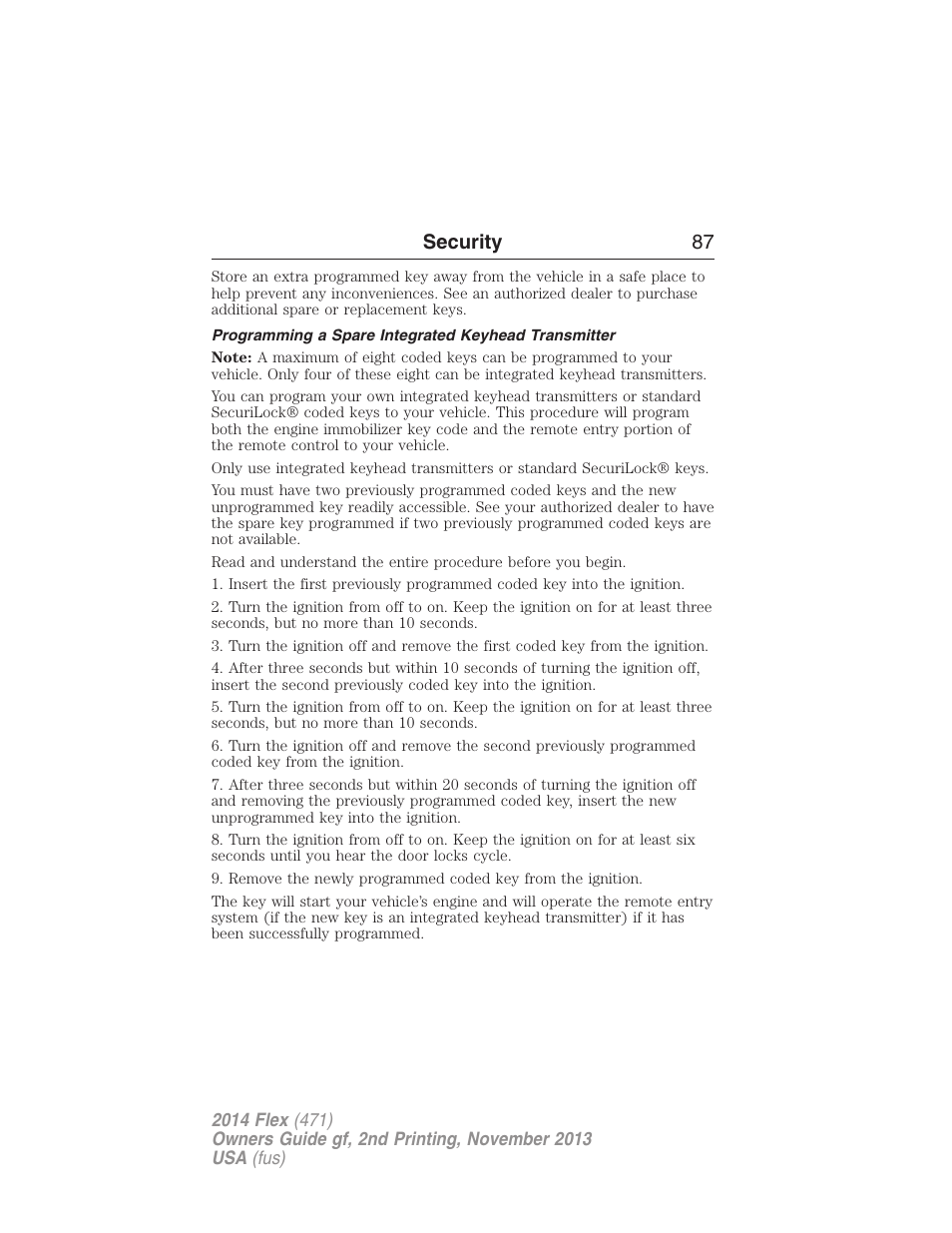 Programming a spare integrated keyhead transmitter, Security 87 | FORD 2014 Flex v.2 User Manual | Page 88 / 555