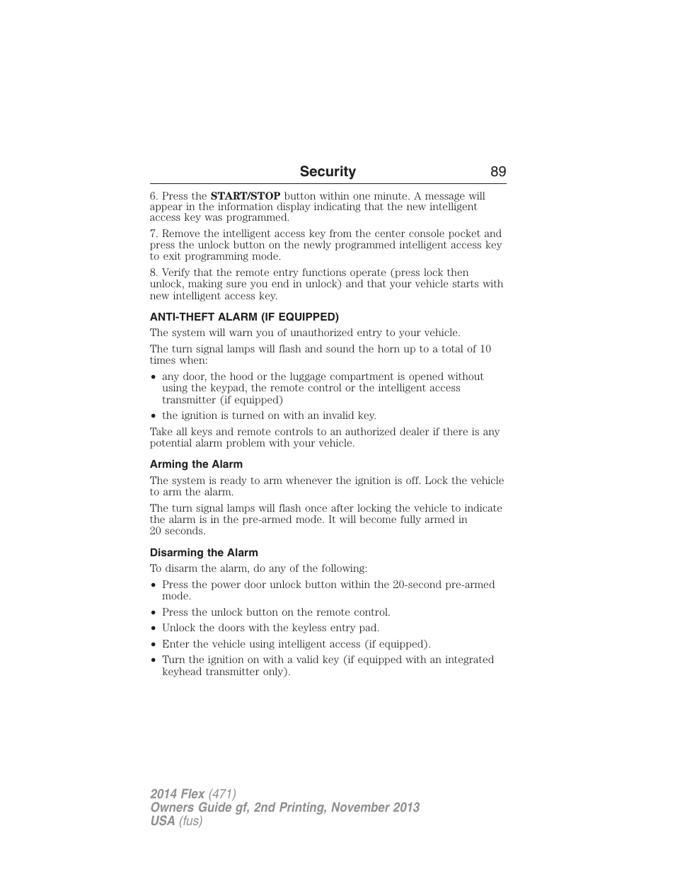 Anti-theft alarm (if equipped), Arming the alarm, Disarming the alarm | Anti-theft alarm, Security 89 | FORD 2014 Flex v.2 User Manual | Page 90 / 555