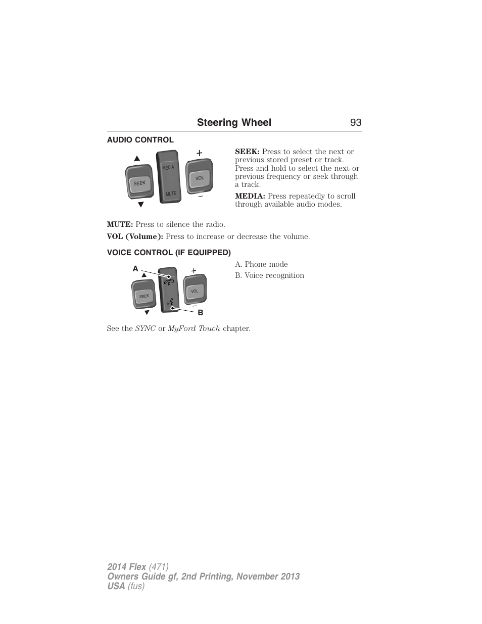 Audio control, Voice control (if equipped), Steering wheel controls | Steering wheel 93 | FORD 2014 Flex v.2 User Manual | Page 94 / 555