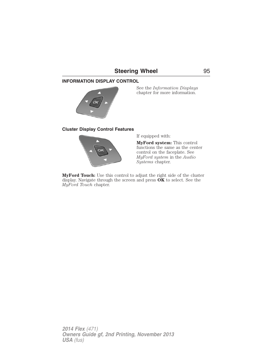 Information display control, Cluster display control features, Steering wheel 95 | FORD 2014 Flex v.2 User Manual | Page 96 / 555