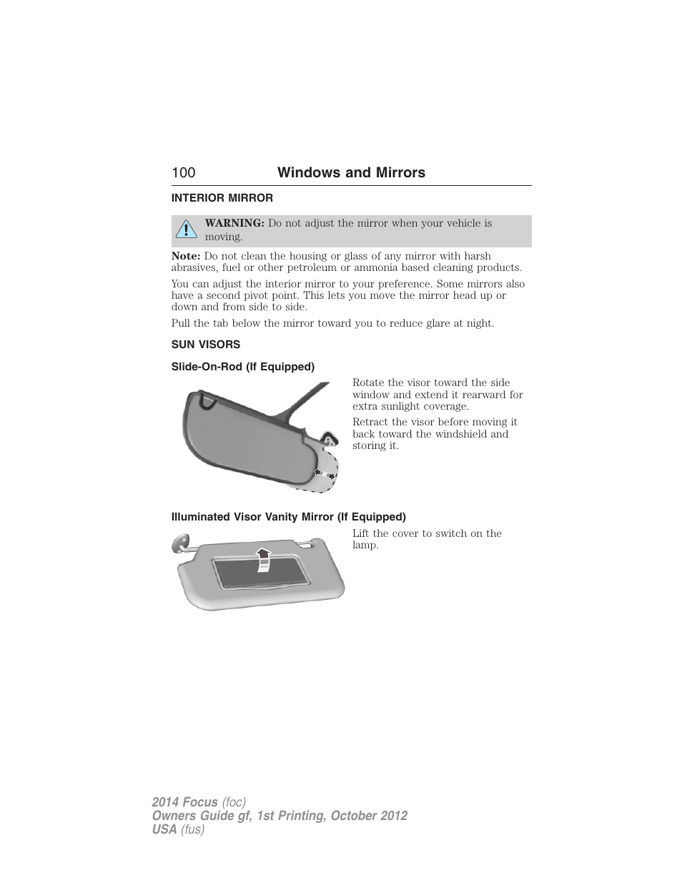 Interior mirror, Sun visors, Slide-on-rod (if equipped) | Illuminated visor vanity mirror (if equipped), Interior mirrors, 100 windows and mirrors | FORD 2014 Focus v.1 User Manual | Page 101 / 492