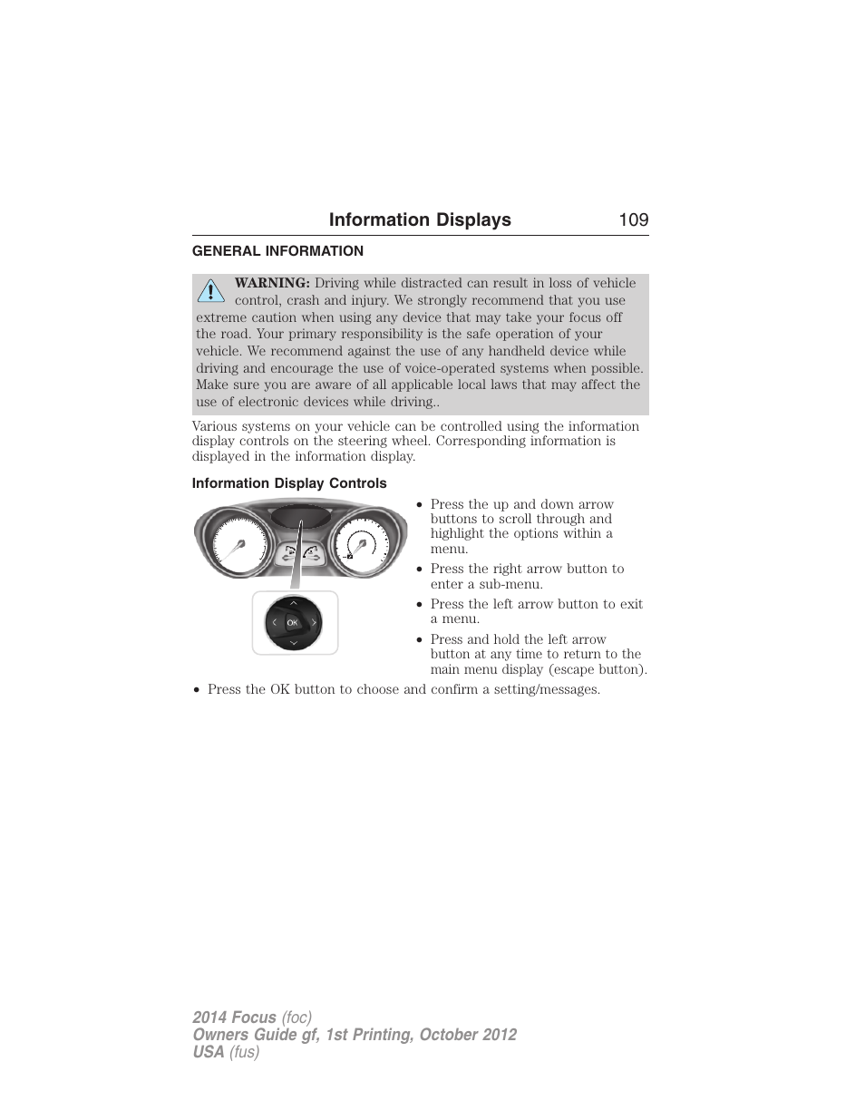 Information displays, General information, Information display controls | Controls, Information displays 109 | FORD 2014 Focus v.1 User Manual | Page 110 / 492