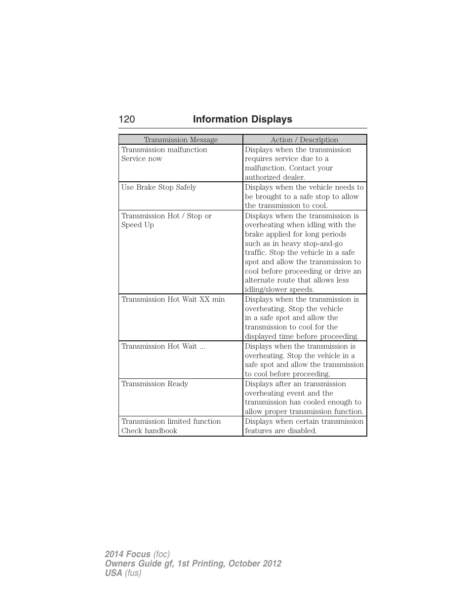 120 information displays | FORD 2014 Focus v.1 User Manual | Page 121 / 492