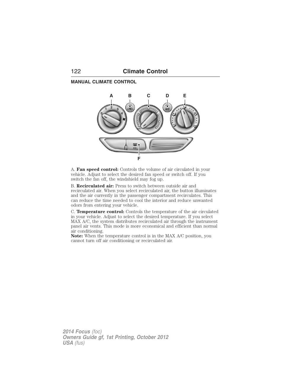Climate control, Manual climate control, Manual heating and air conditioning | 122 climate control | FORD 2014 Focus v.1 User Manual | Page 123 / 492