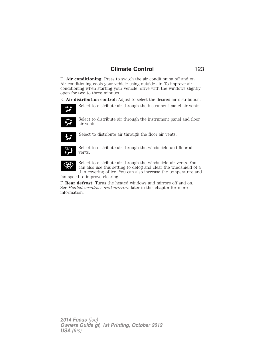 Climate control 123 | FORD 2014 Focus v.1 User Manual | Page 124 / 492