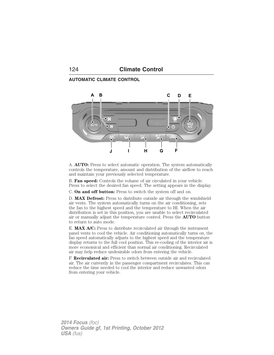 Automatic climate control, Dual automatic temperature control, 124 climate control | FORD 2014 Focus v.1 User Manual | Page 125 / 492