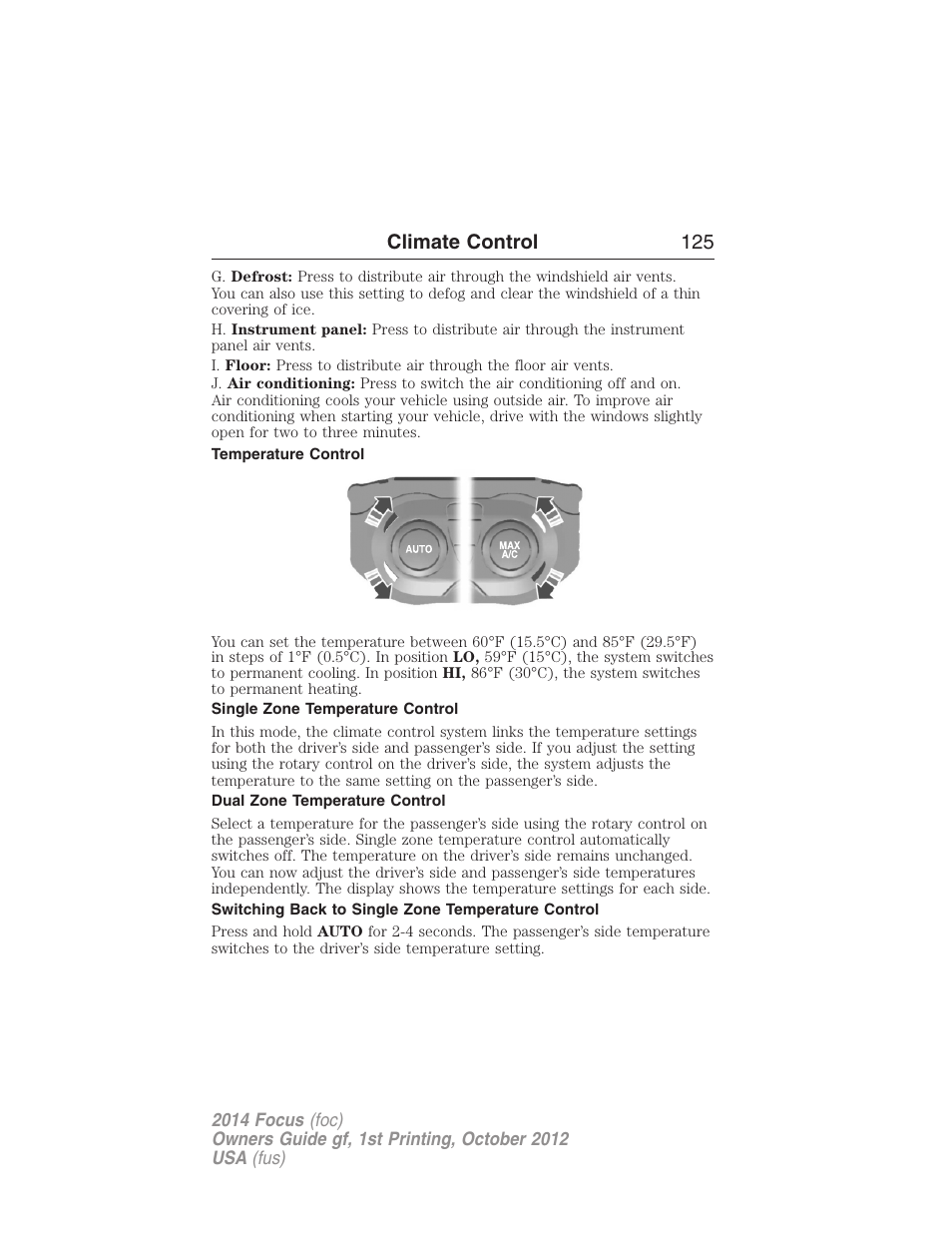 Temperature control, Single zone temperature control, Dual zone temperature control | Switching back to single zone temperature control, Climate control 125 | FORD 2014 Focus v.1 User Manual | Page 126 / 492