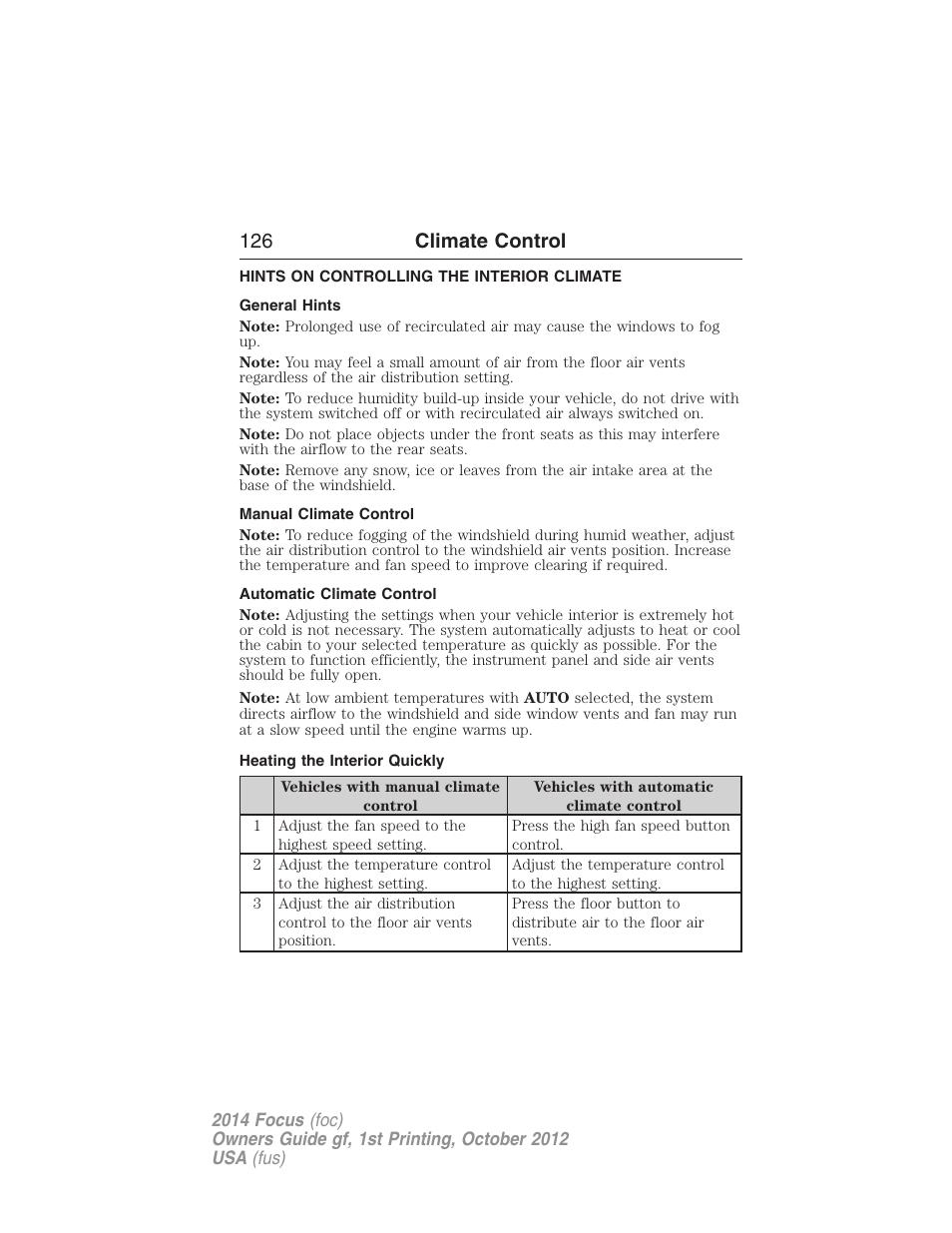 Hints on controlling the interior climate, General hints, Manual climate control | Automatic climate control, Heating the interior quickly, 126 climate control | FORD 2014 Focus v.1 User Manual | Page 127 / 492