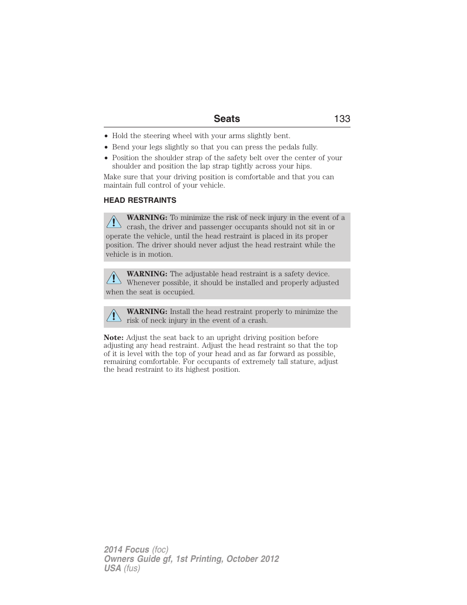 Head restraints, Seats 133 | FORD 2014 Focus v.1 User Manual | Page 134 / 492