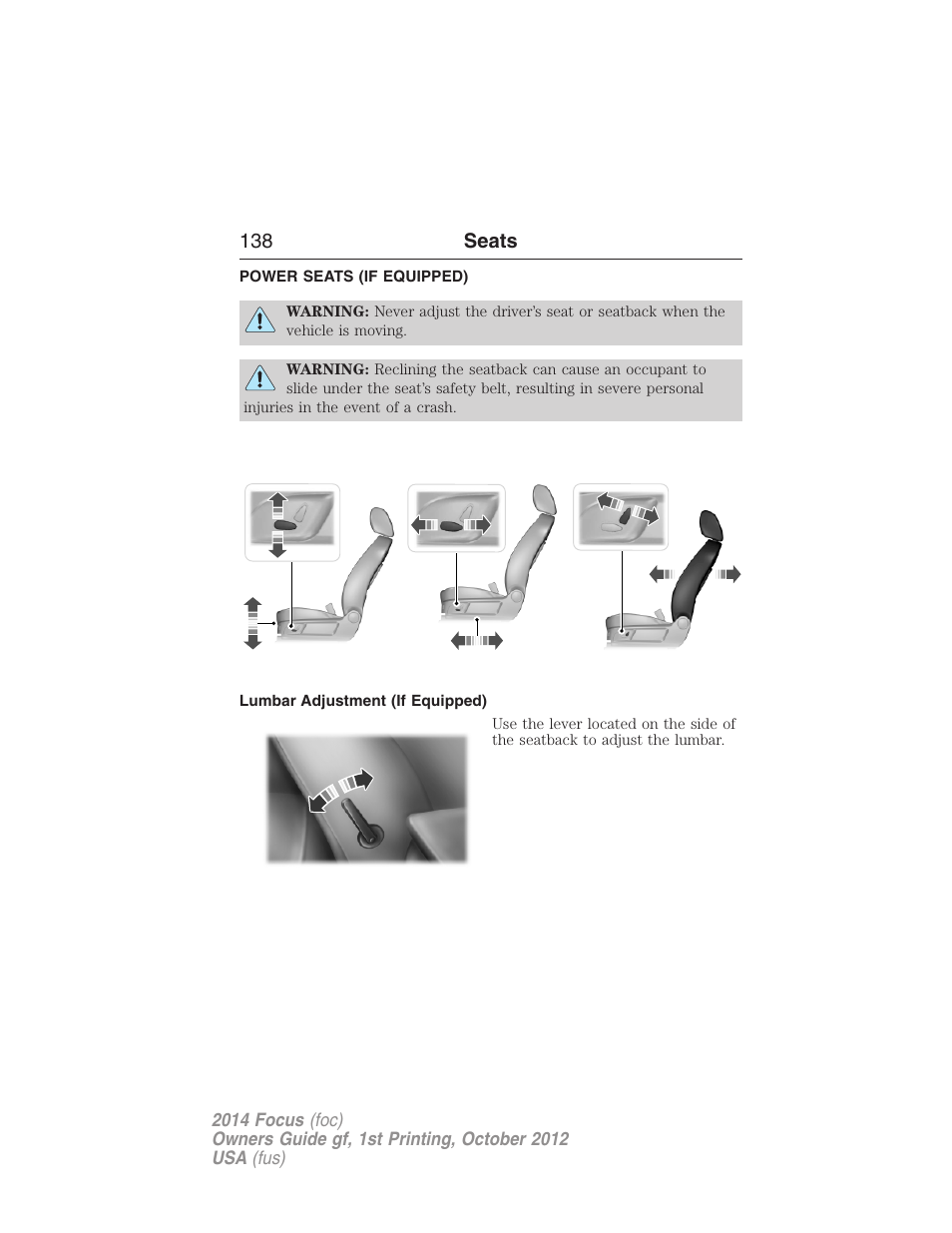 Power seats (if equipped), Lumbar adjustment (if equipped), Power seats | 138 seats | FORD 2014 Focus v.1 User Manual | Page 139 / 492