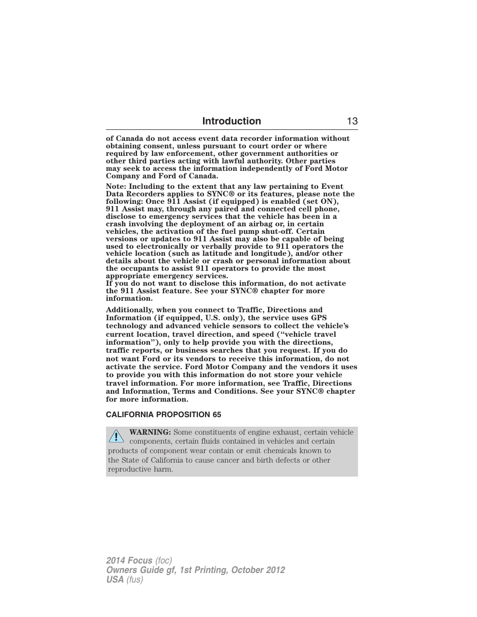 California proposition 65, Introduction 13 | FORD 2014 Focus v.1 User Manual | Page 14 / 492