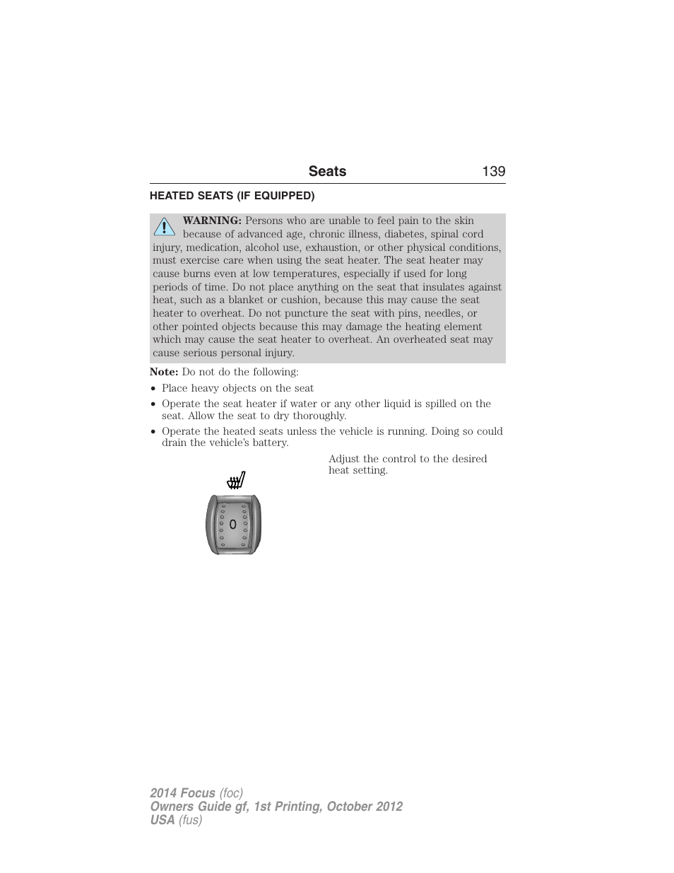 Heated seats (if equipped), Heated seats, Seats 139 | FORD 2014 Focus v.1 User Manual | Page 140 / 492
