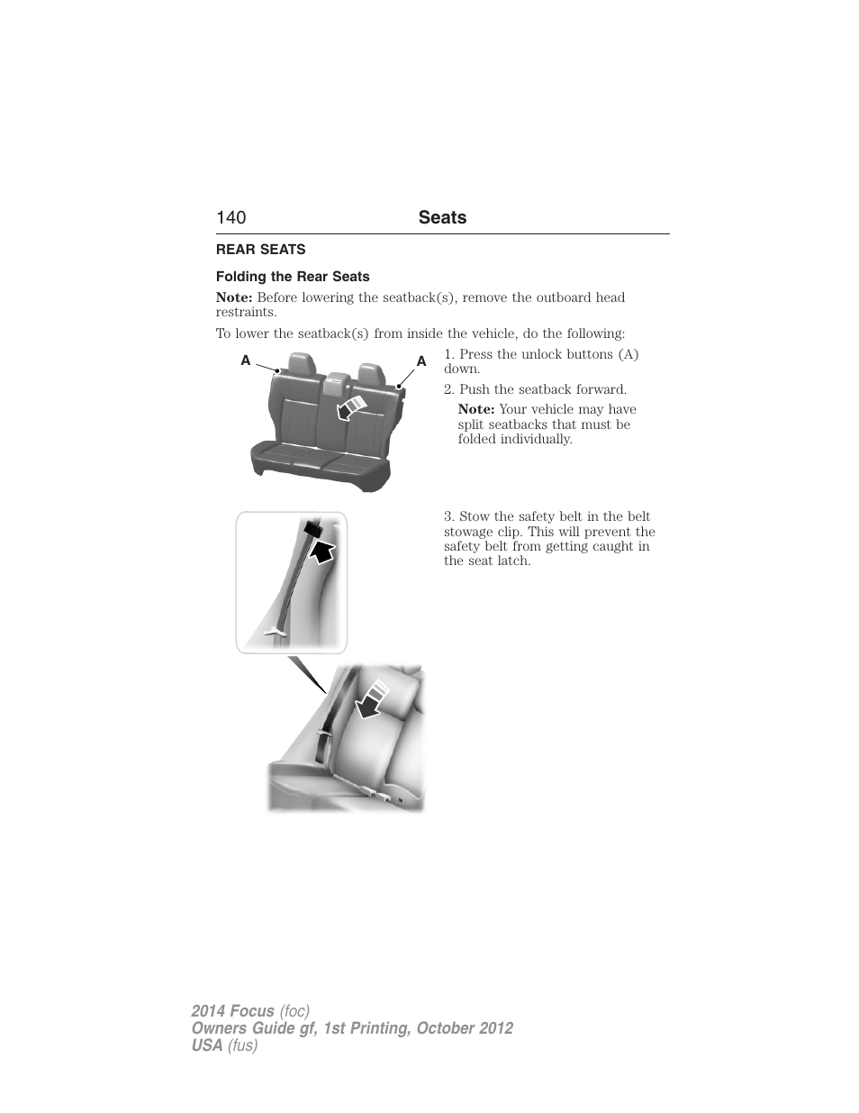 Rear seats, Folding the rear seats, 140 seats | FORD 2014 Focus v.1 User Manual | Page 141 / 492