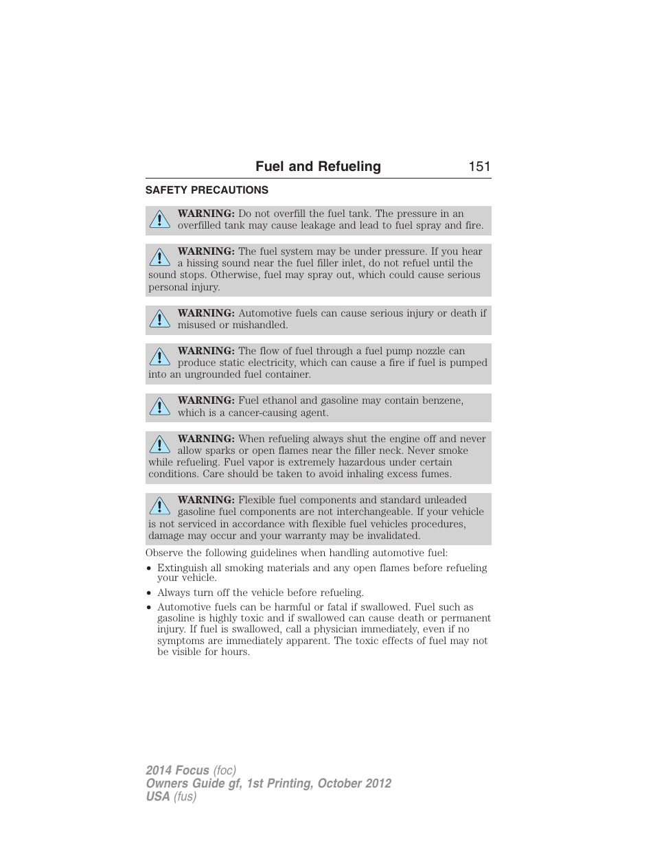 Fuel and refueling, Safety precautions, Fuel and refueling 151 | FORD 2014 Focus v.1 User Manual | Page 152 / 492