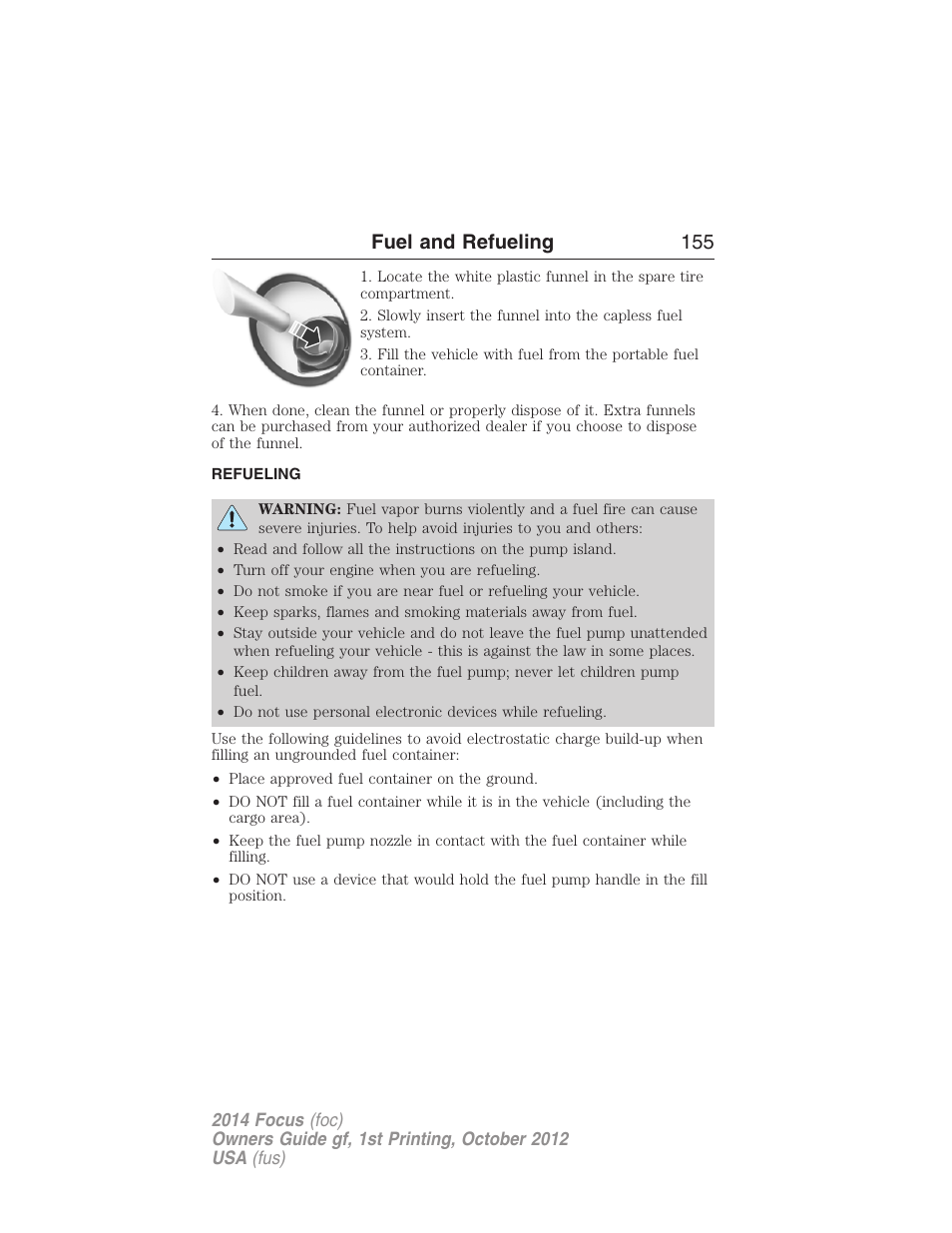 Refueling, Fuel and refueling 155 | FORD 2014 Focus v.1 User Manual | Page 156 / 492