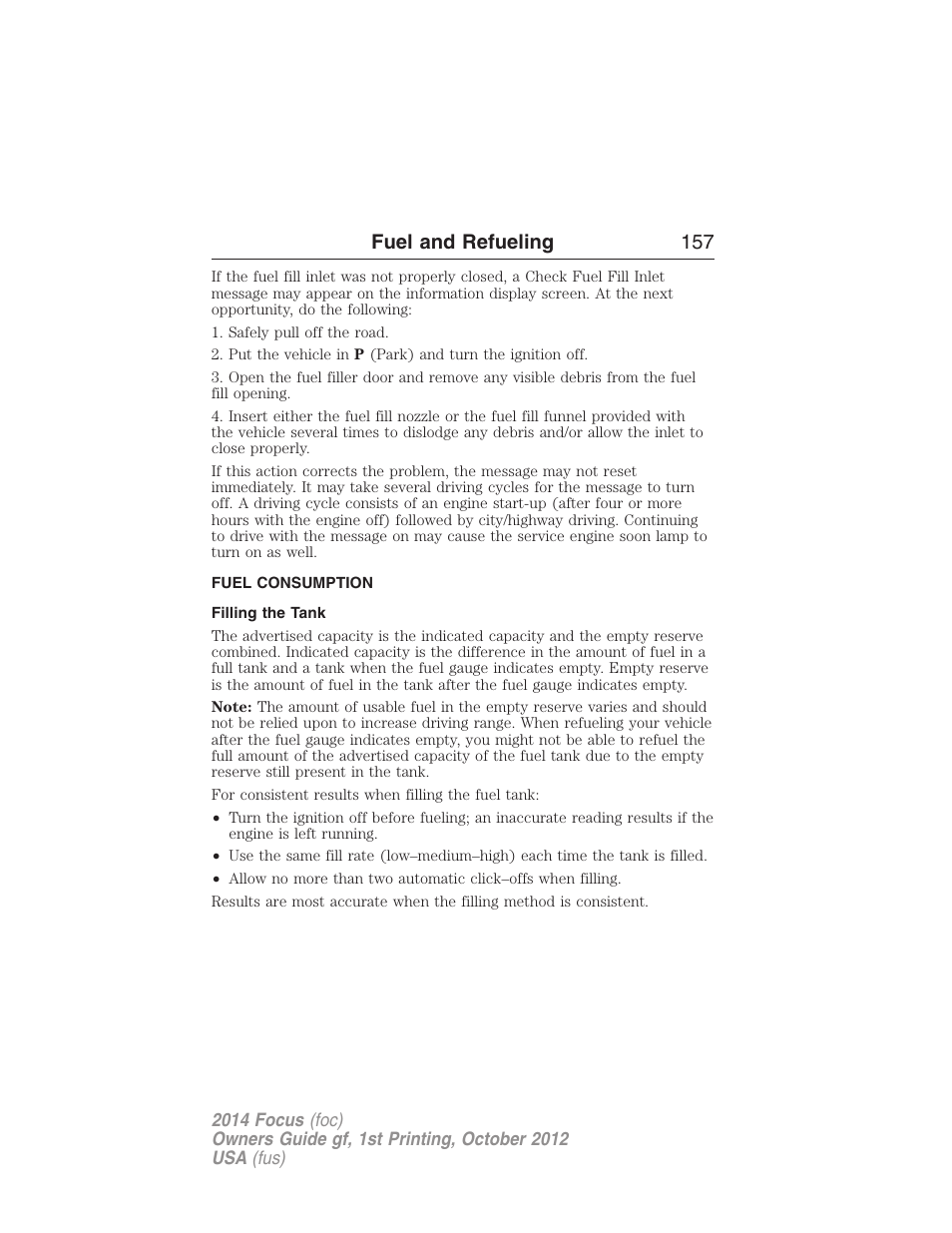 Fuel consumption, Filling the tank, Fuel and refueling 157 | FORD 2014 Focus v.1 User Manual | Page 158 / 492