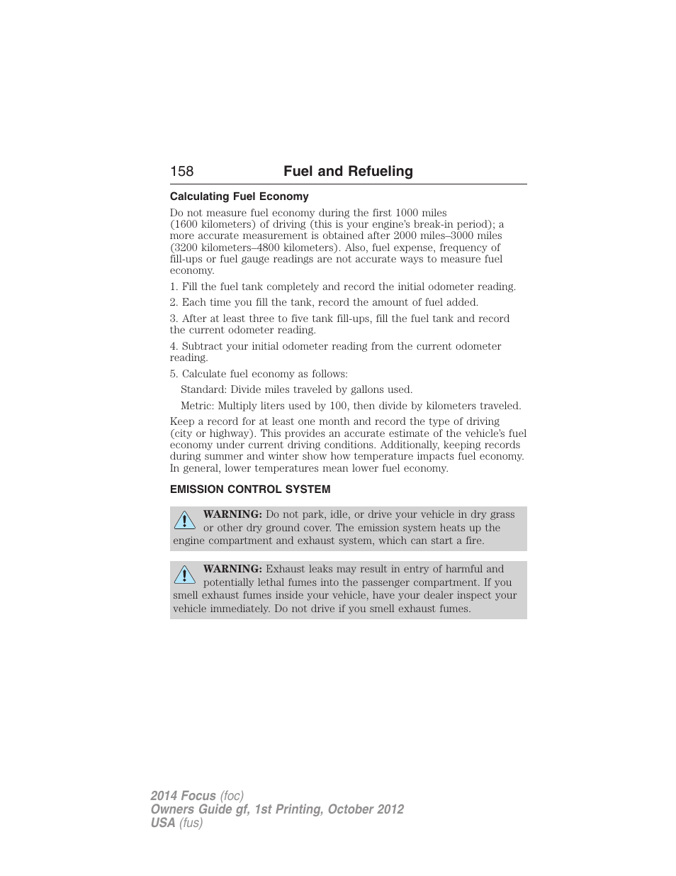 Calculating fuel economy, Emission control system, 158 fuel and refueling | FORD 2014 Focus v.1 User Manual | Page 159 / 492