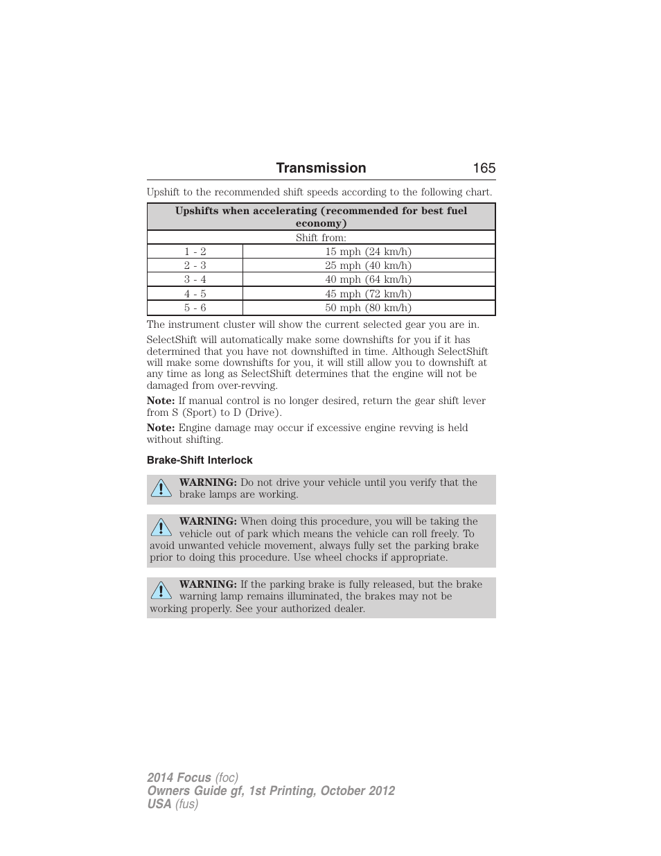 Brake-shift interlock, Transmission 165 | FORD 2014 Focus v.1 User Manual | Page 166 / 492