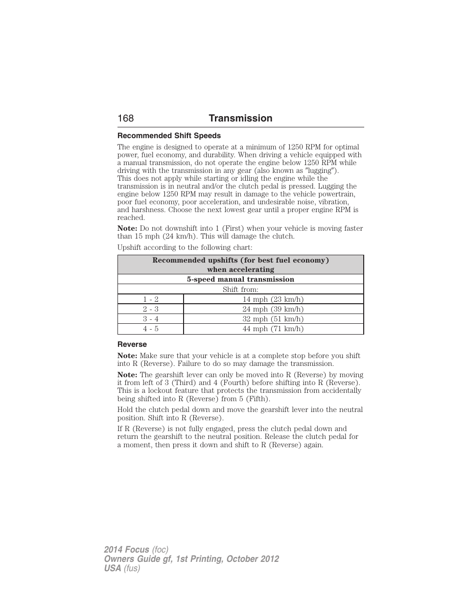 Recommended shift speeds, Reverse, 168 transmission | FORD 2014 Focus v.1 User Manual | Page 169 / 492