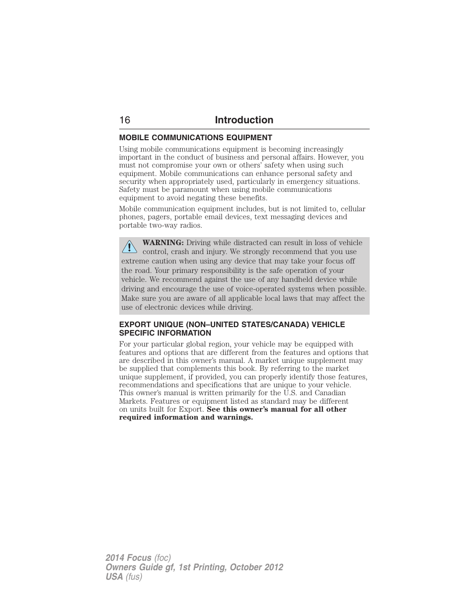 Mobile communications equipment, 16 introduction | FORD 2014 Focus v.1 User Manual | Page 17 / 492