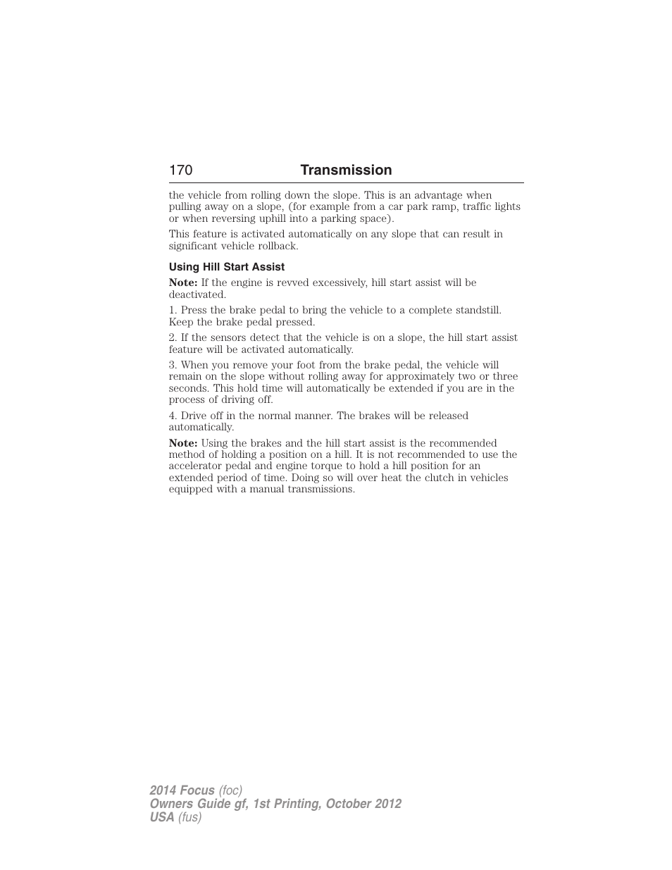 Using hill start assist, 170 transmission | FORD 2014 Focus v.1 User Manual | Page 171 / 492