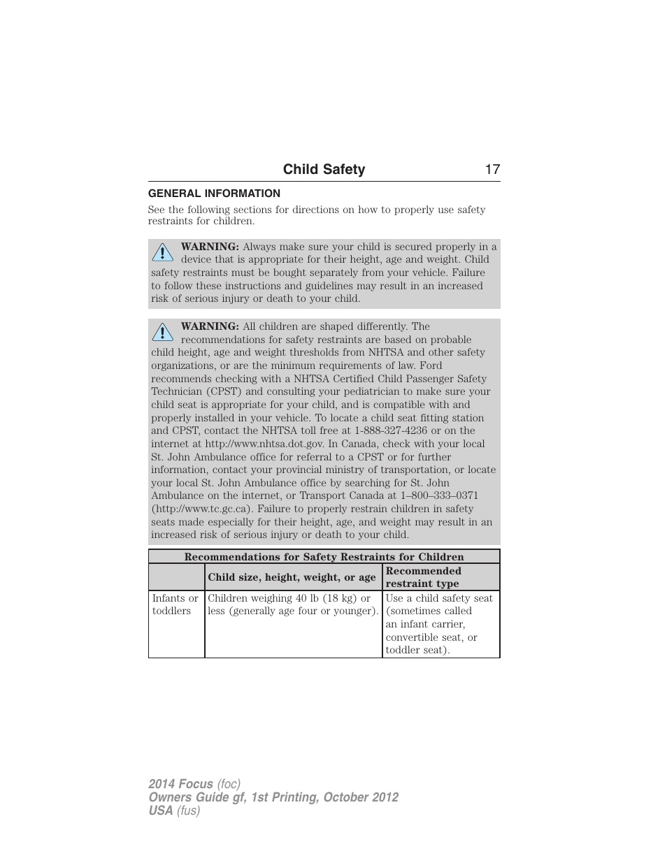 Child safety, General information, Child safety 17 | FORD 2014 Focus v.1 User Manual | Page 18 / 492