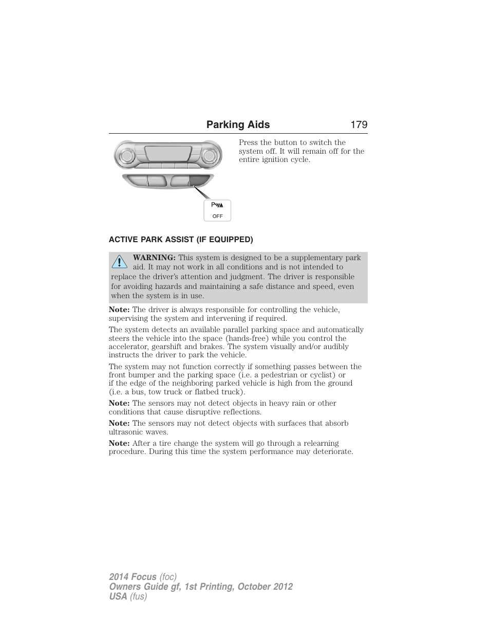 Active park assist (if equipped), Active park assist, Parking aids 179 | FORD 2014 Focus v.1 User Manual | Page 180 / 492