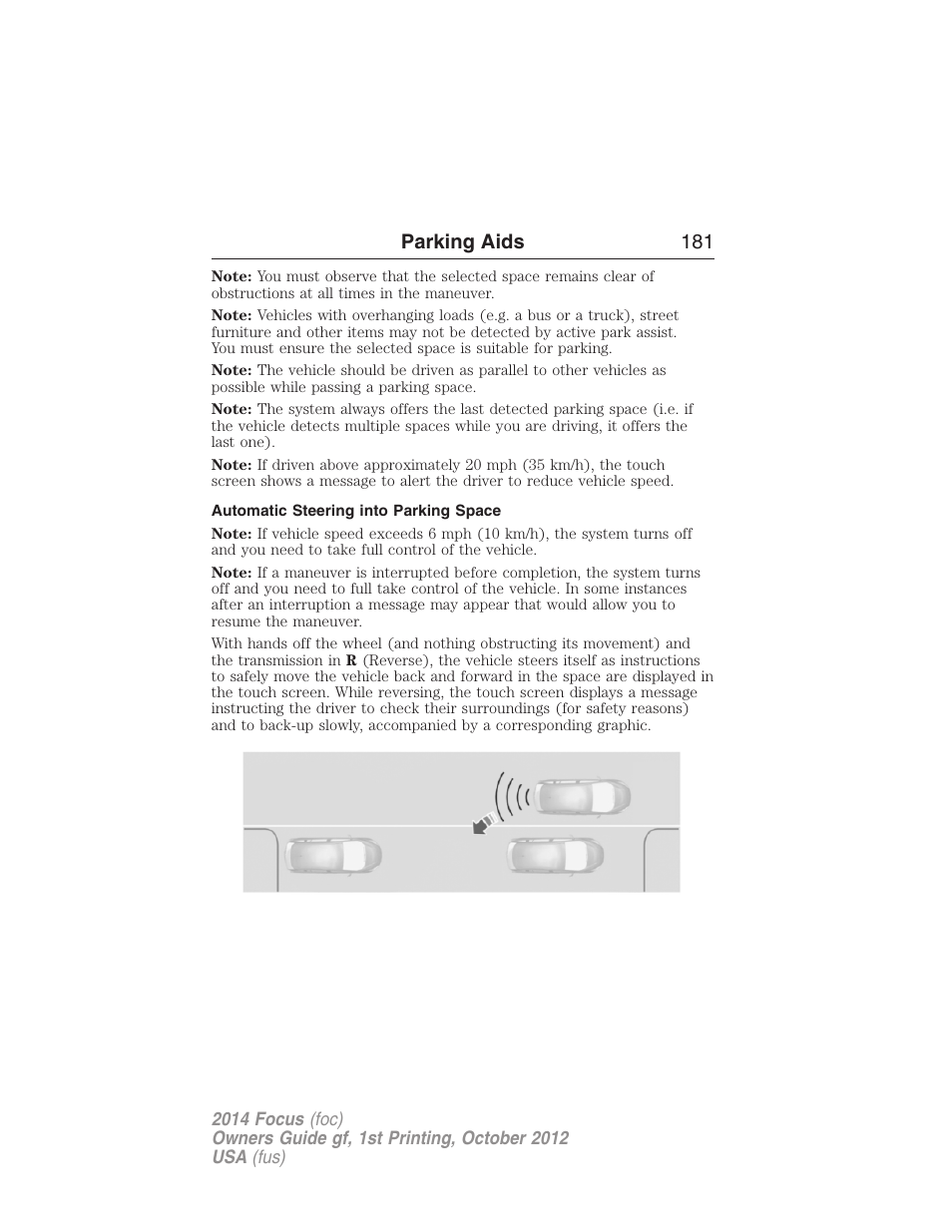Automatic steering into parking space, Parking aids 181 | FORD 2014 Focus v.1 User Manual | Page 182 / 492