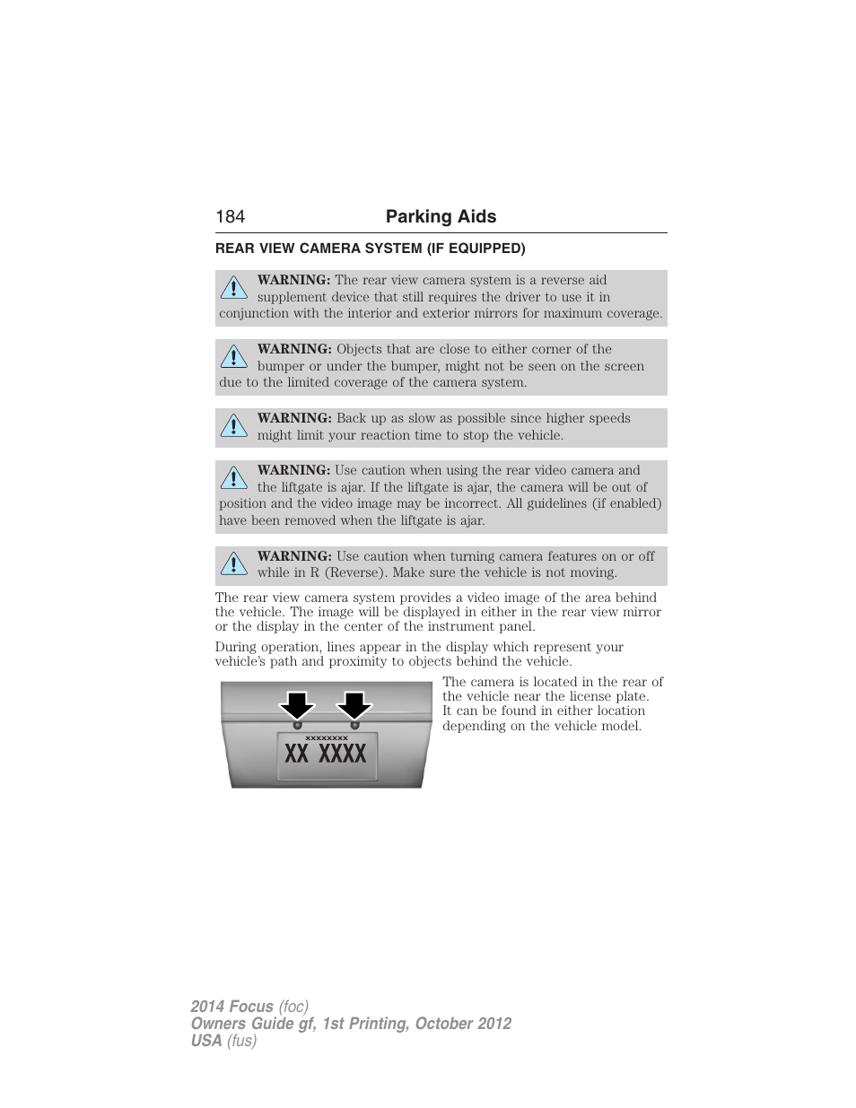 Rear view camera system (if equipped), Rear-view camera system, 184 parking aids | FORD 2014 Focus v.1 User Manual | Page 185 / 492