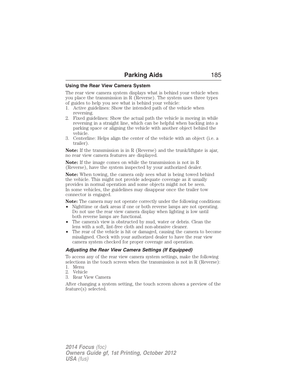 Using the rear view camera system, Parking aids 185 | FORD 2014 Focus v.1 User Manual | Page 186 / 492