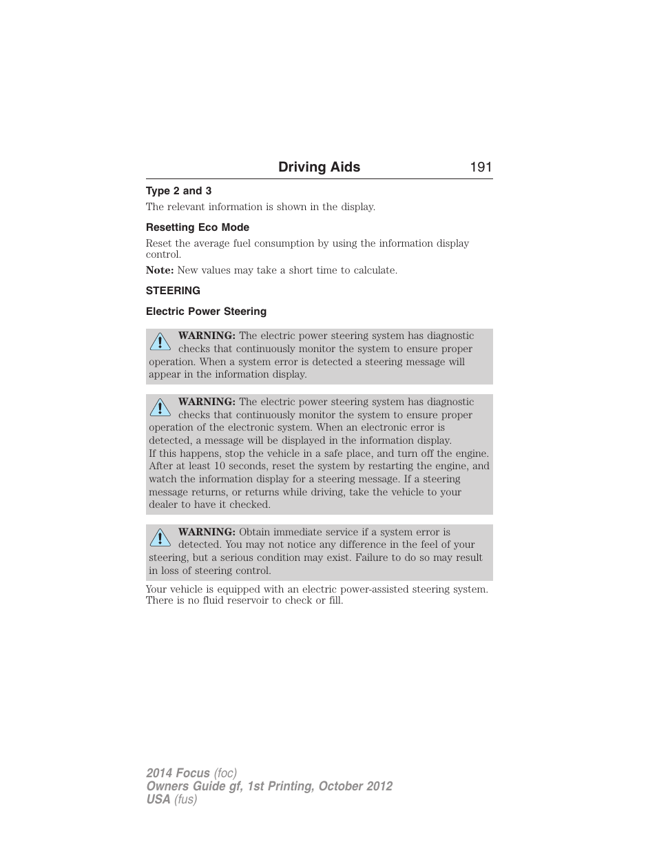 Type 2 and 3, Resetting eco mode, Steering | Electric power steering, Driving aids 191 | FORD 2014 Focus v.1 User Manual | Page 192 / 492