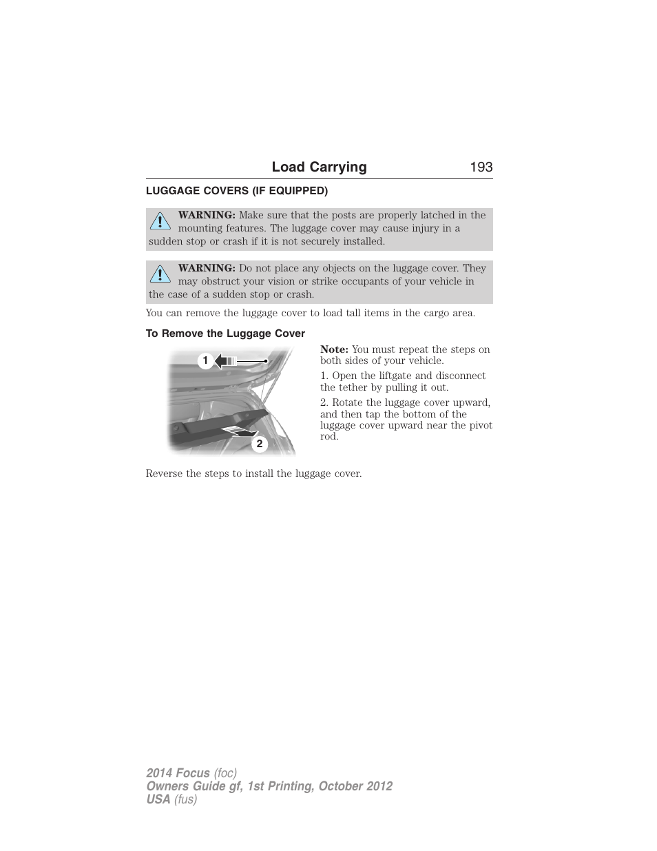 Load carrying, Luggage covers (if equipped), To remove the luggage cover | Luggage cover, Load carrying 193 | FORD 2014 Focus v.1 User Manual | Page 194 / 492