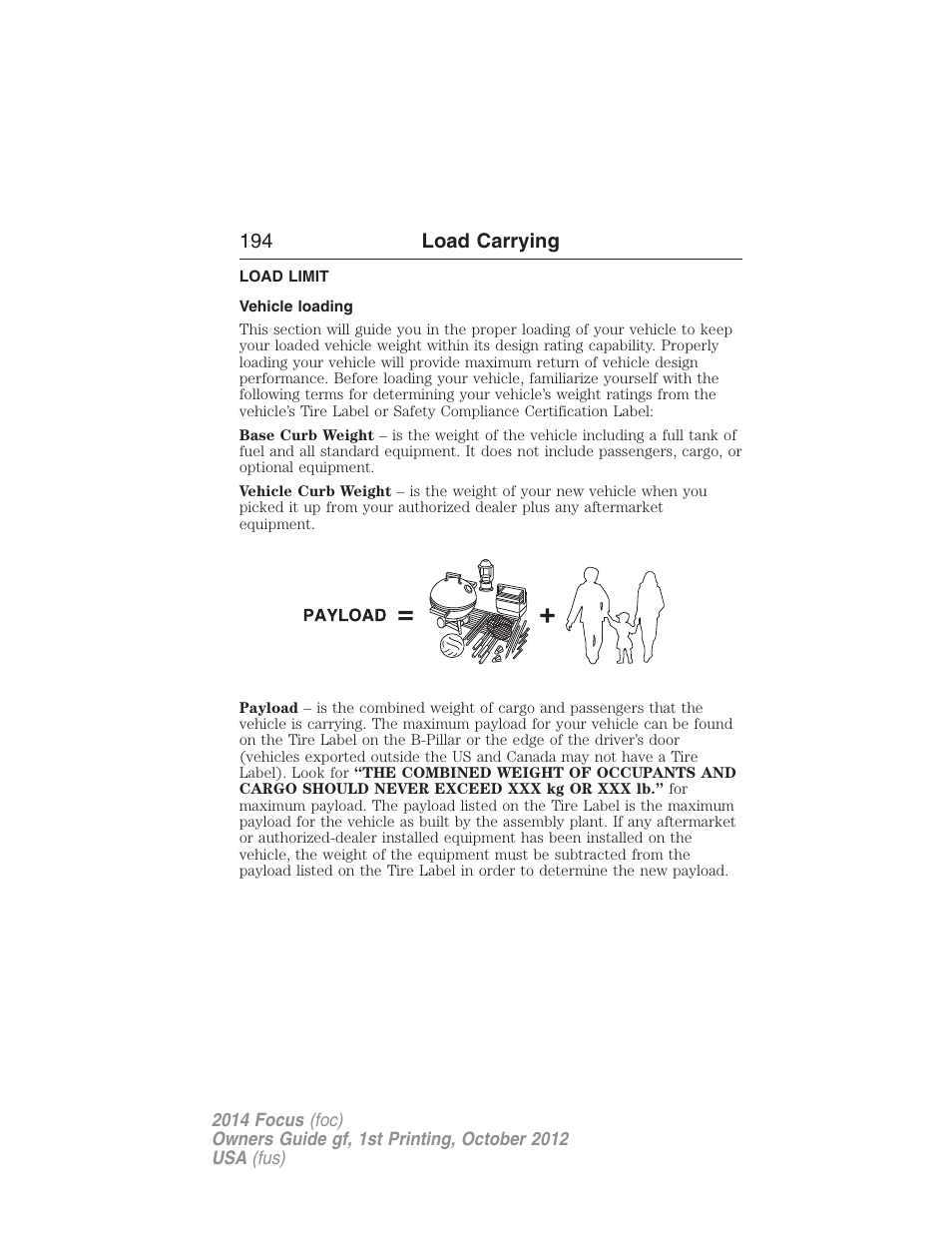 Load limit, Vehicle loading, 194 load carrying | FORD 2014 Focus v.1 User Manual | Page 195 / 492