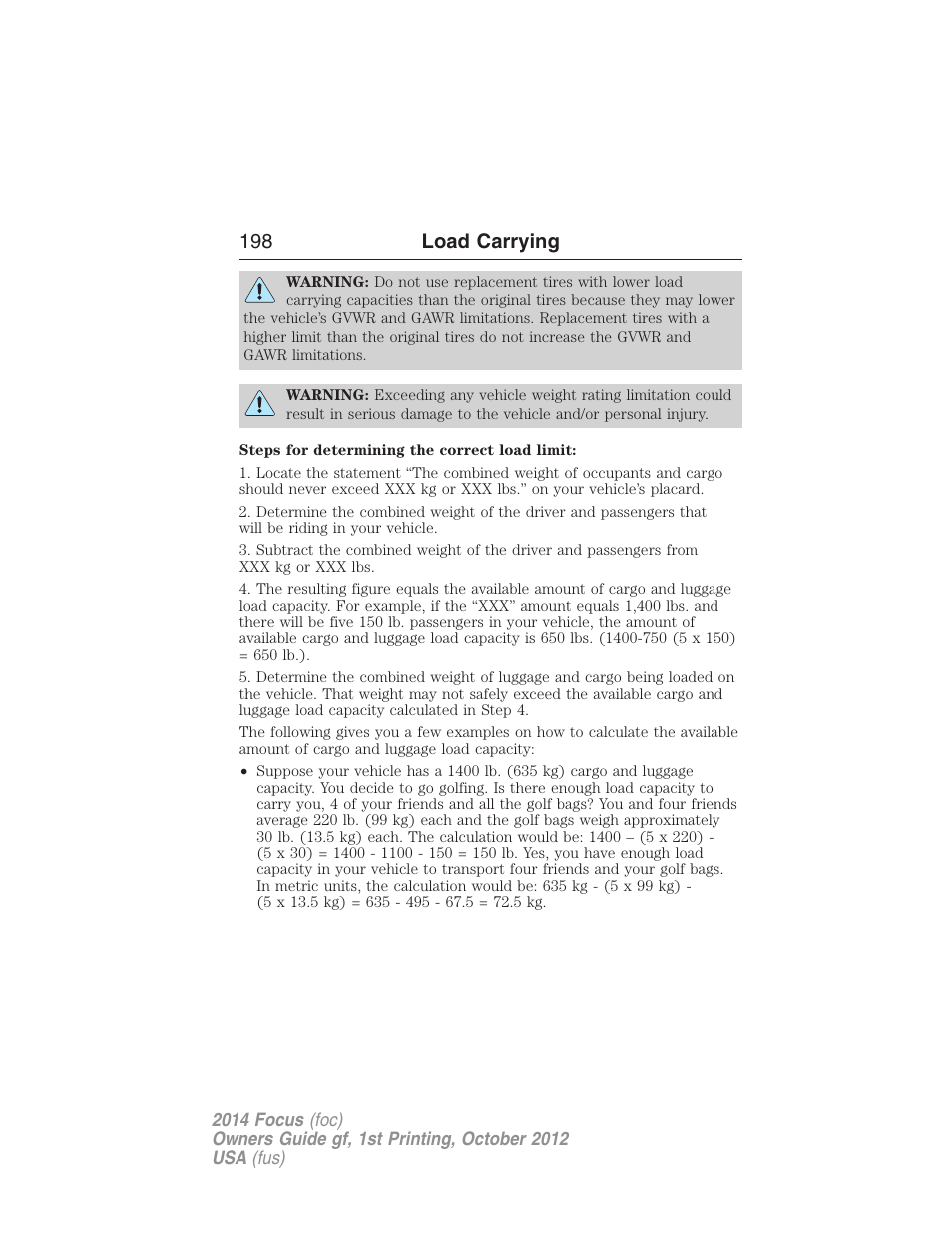 198 load carrying | FORD 2014 Focus v.1 User Manual | Page 199 / 492