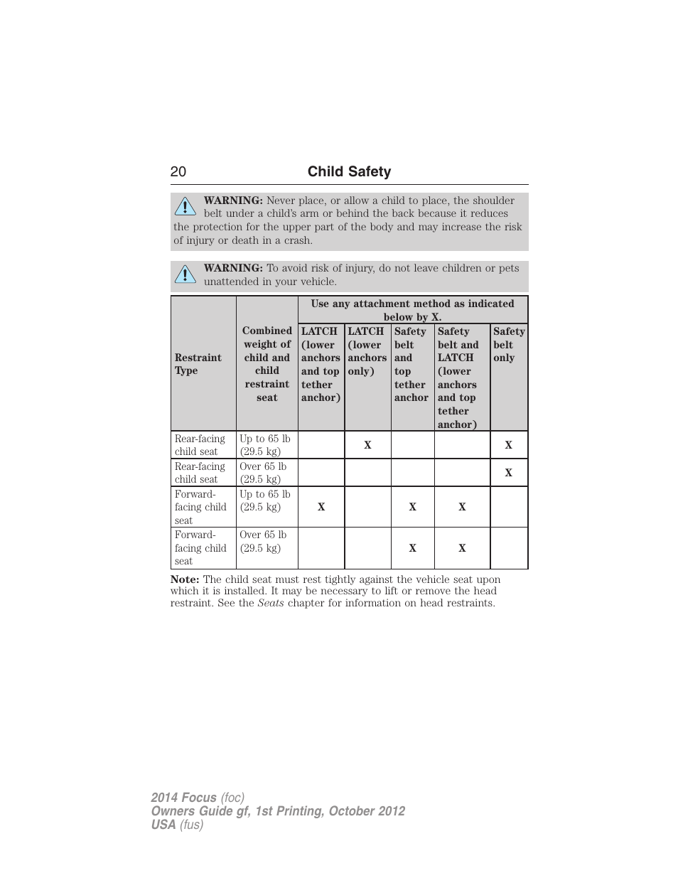 20 child safety | FORD 2014 Focus v.1 User Manual | Page 21 / 492