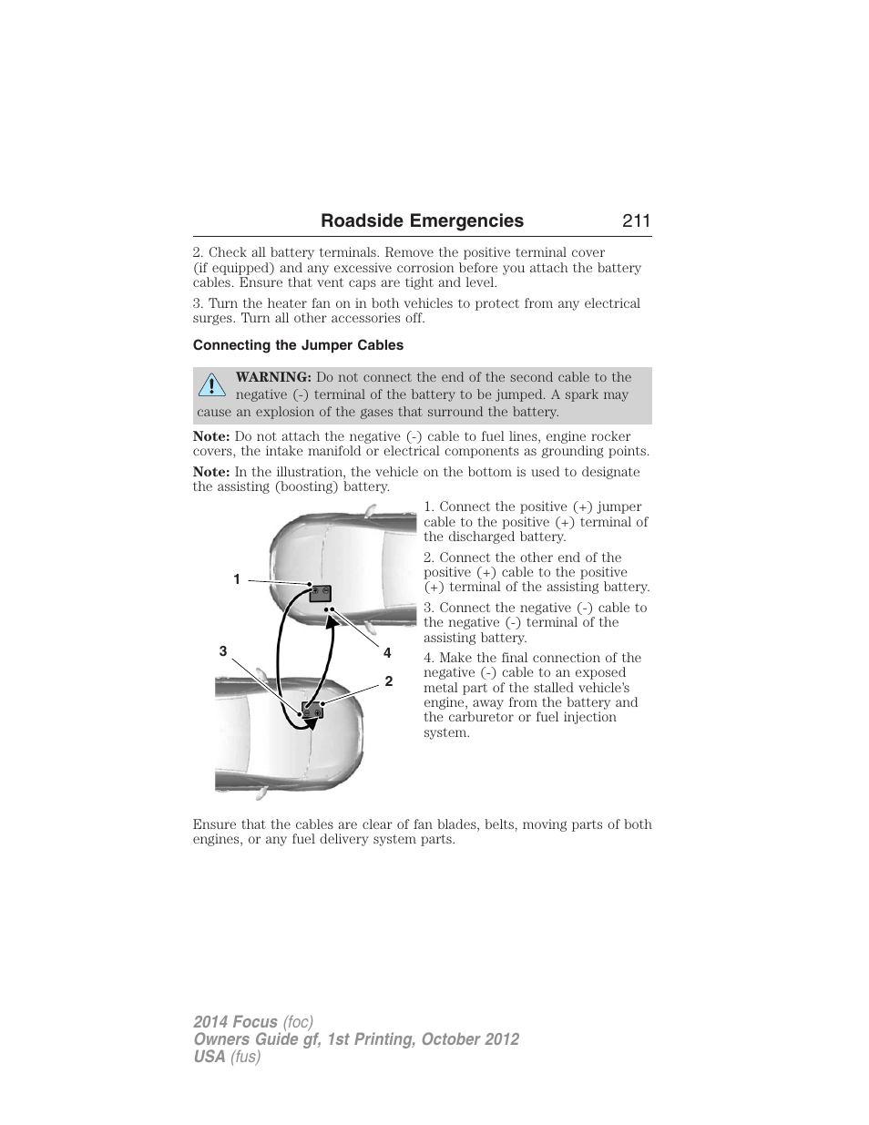 Connecting the jumper cables, Roadside emergencies 211 | FORD 2014 Focus v.1 User Manual | Page 212 / 492