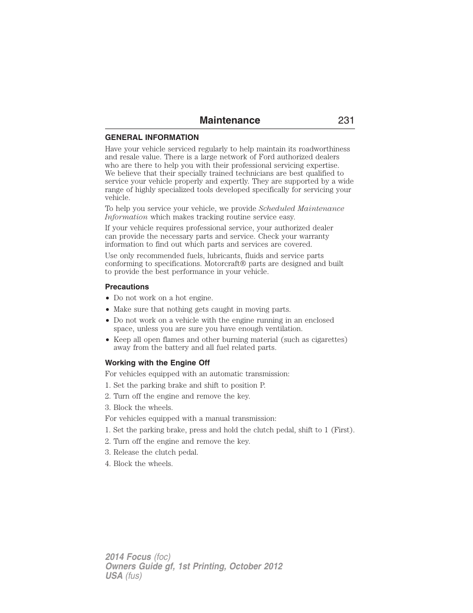 Maintenance, General information, Precautions | Working with the engine off, Maintenance 231 | FORD 2014 Focus v.1 User Manual | Page 232 / 492
