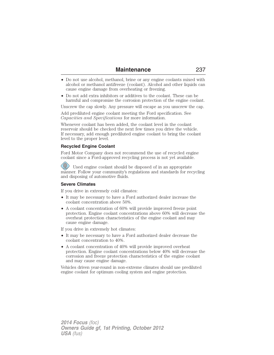 Recycled engine coolant, Severe climates, Maintenance 237 | FORD 2014 Focus v.1 User Manual | Page 238 / 492