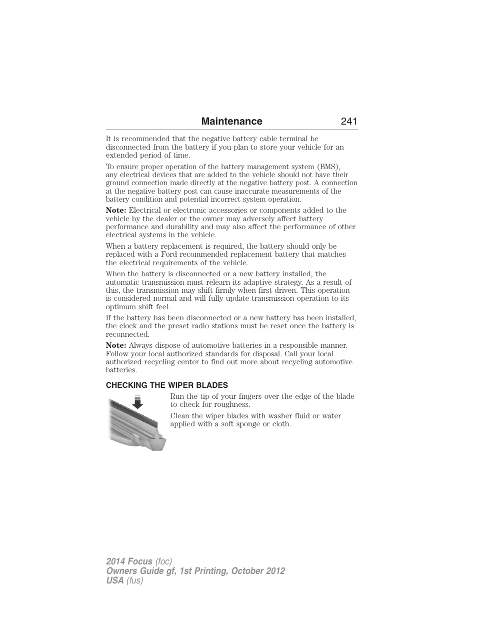 Checking the wiper blades, Maintenance 241 | FORD 2014 Focus v.1 User Manual | Page 242 / 492