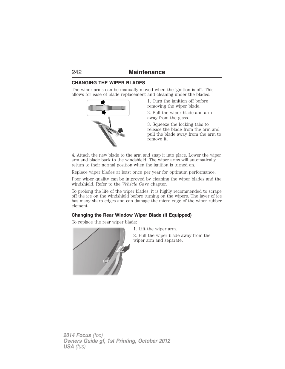 Changing the wiper blades, Changing the rear window wiper blade (if equipped), 242 maintenance | FORD 2014 Focus v.1 User Manual | Page 243 / 492